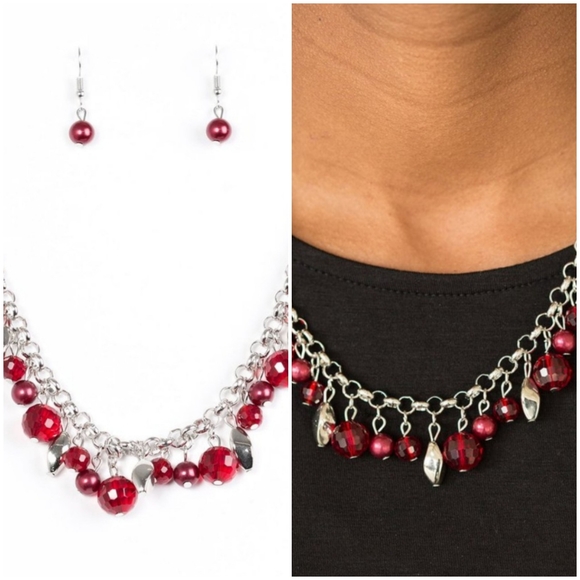 BRING DOWN THE CURTAIN RED NECKLACE/EARRING SET